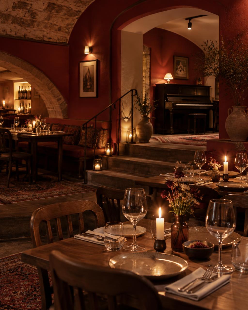 Stimmungsvoller Gastraum mit Holztischen, Wein und Klavier
