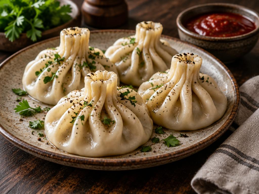 Frisch zubereitete georgische Chinkali-Teigtaschen